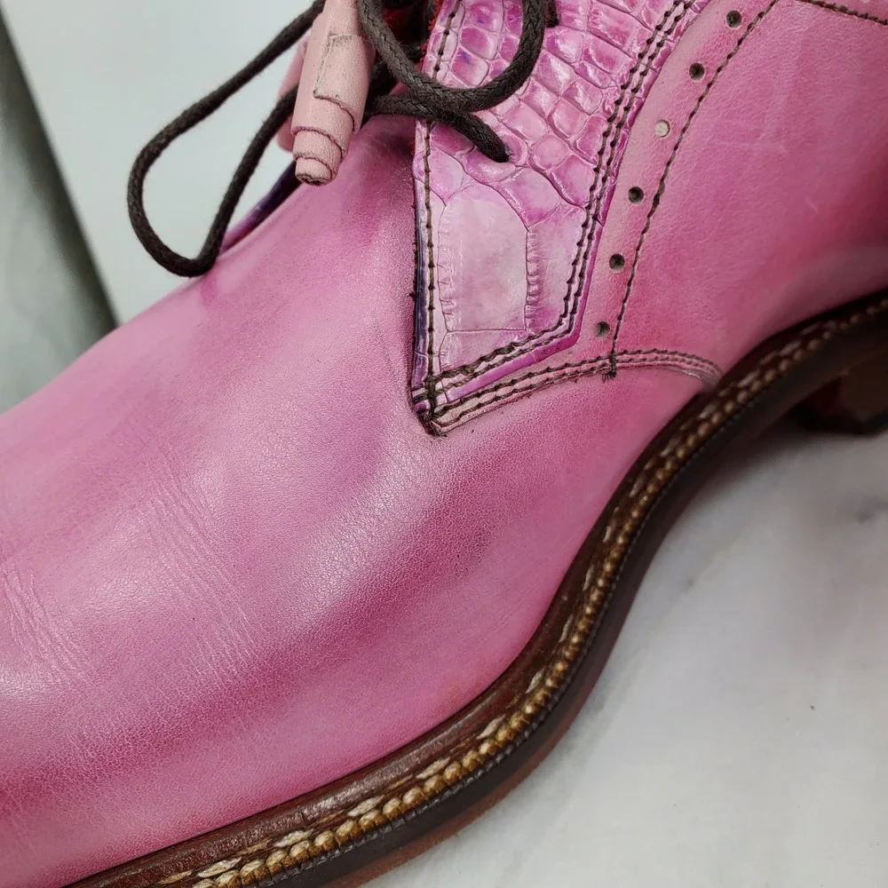 Fennix Italy Tyler Pink Alligator Calfskin Leather Lace-Up‎ Derby Dress Shoes 47